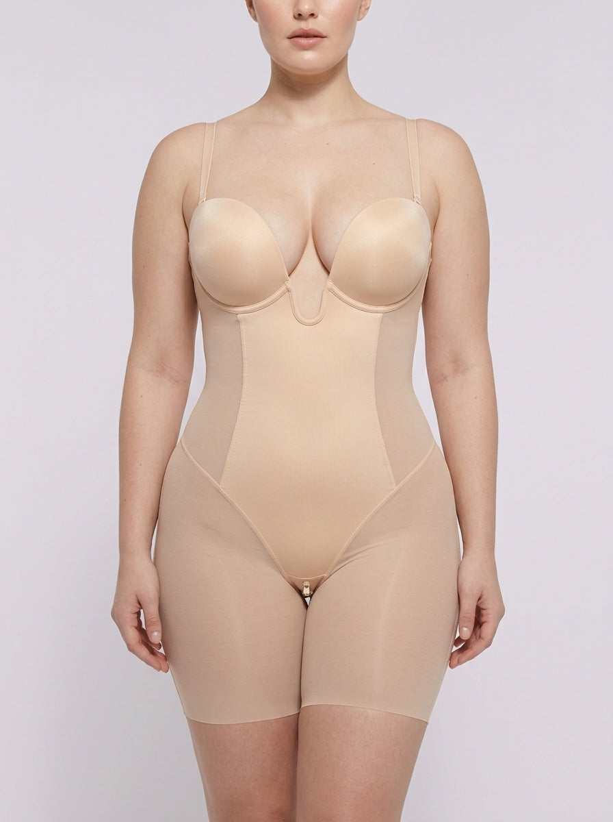 Beige deep plunge shaping bodysuit, front view — REF57 Beige