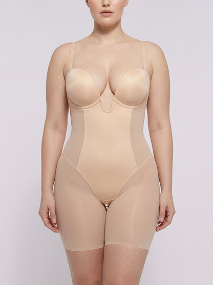 Beige deep plunge shaping bodysuit, front view — REF57 Beige