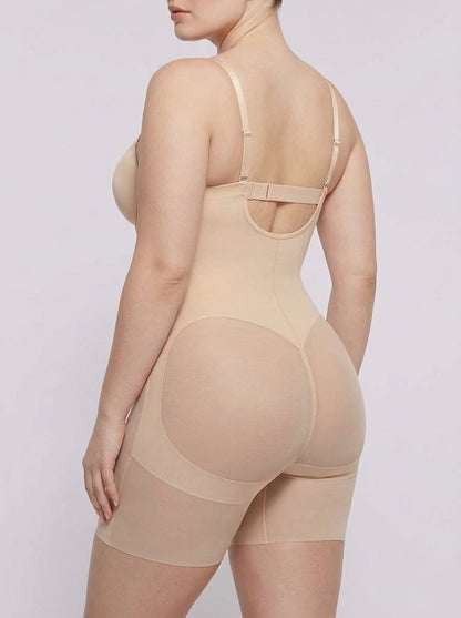 Beige deep plunge shaping bodysuit, rear three-quarter view — REF57 Beige
