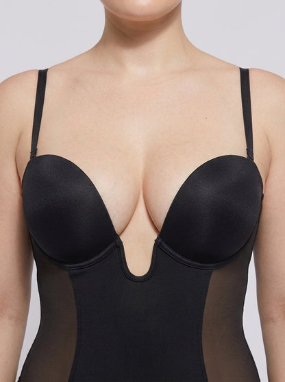Black deep plunge shaping bodysuit, bust and neckline close-up — REF57 Black