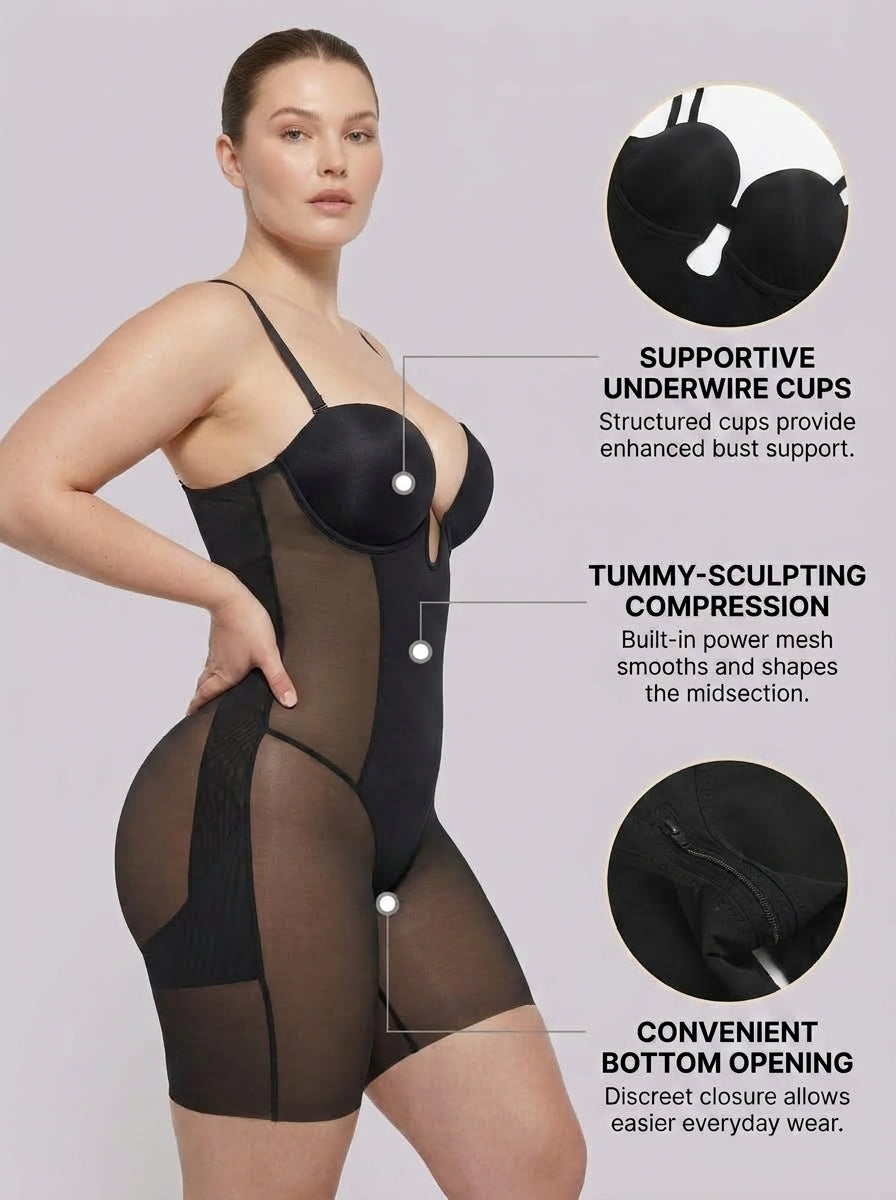 Black deep plunge shaping bodysuit feature infographic — REF57 Black