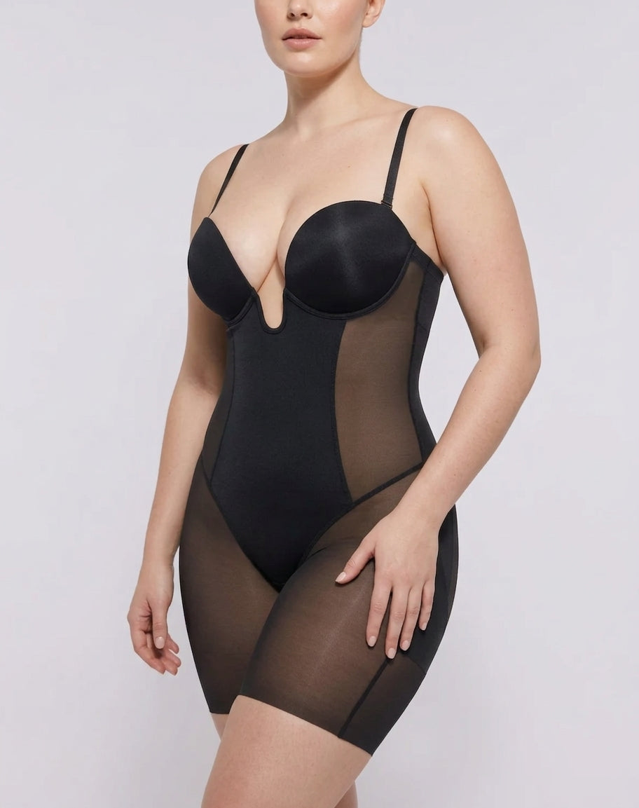 Black deep plunge shaping bodysuit, three-quarter front view — REF57 Black