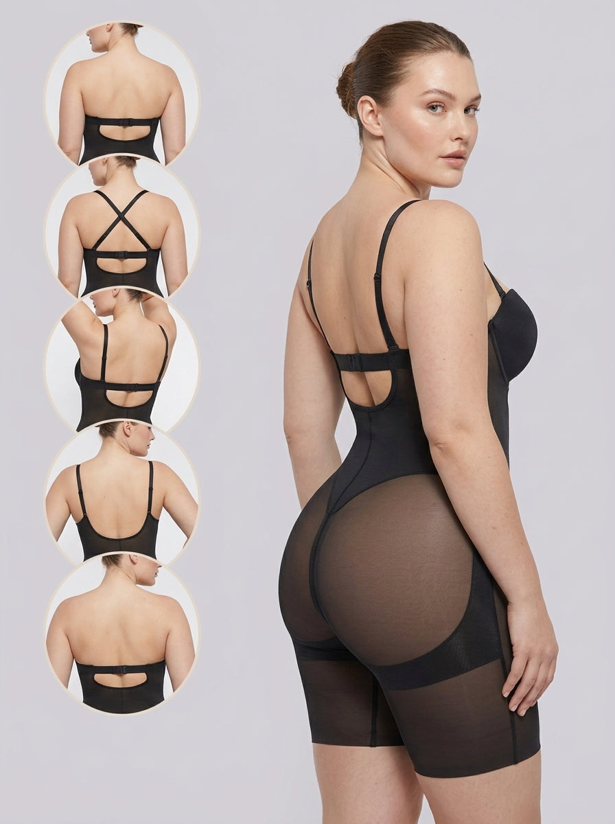 Black deep plunge shaping bodysuit showing convertible strap configurations — REF57 Black