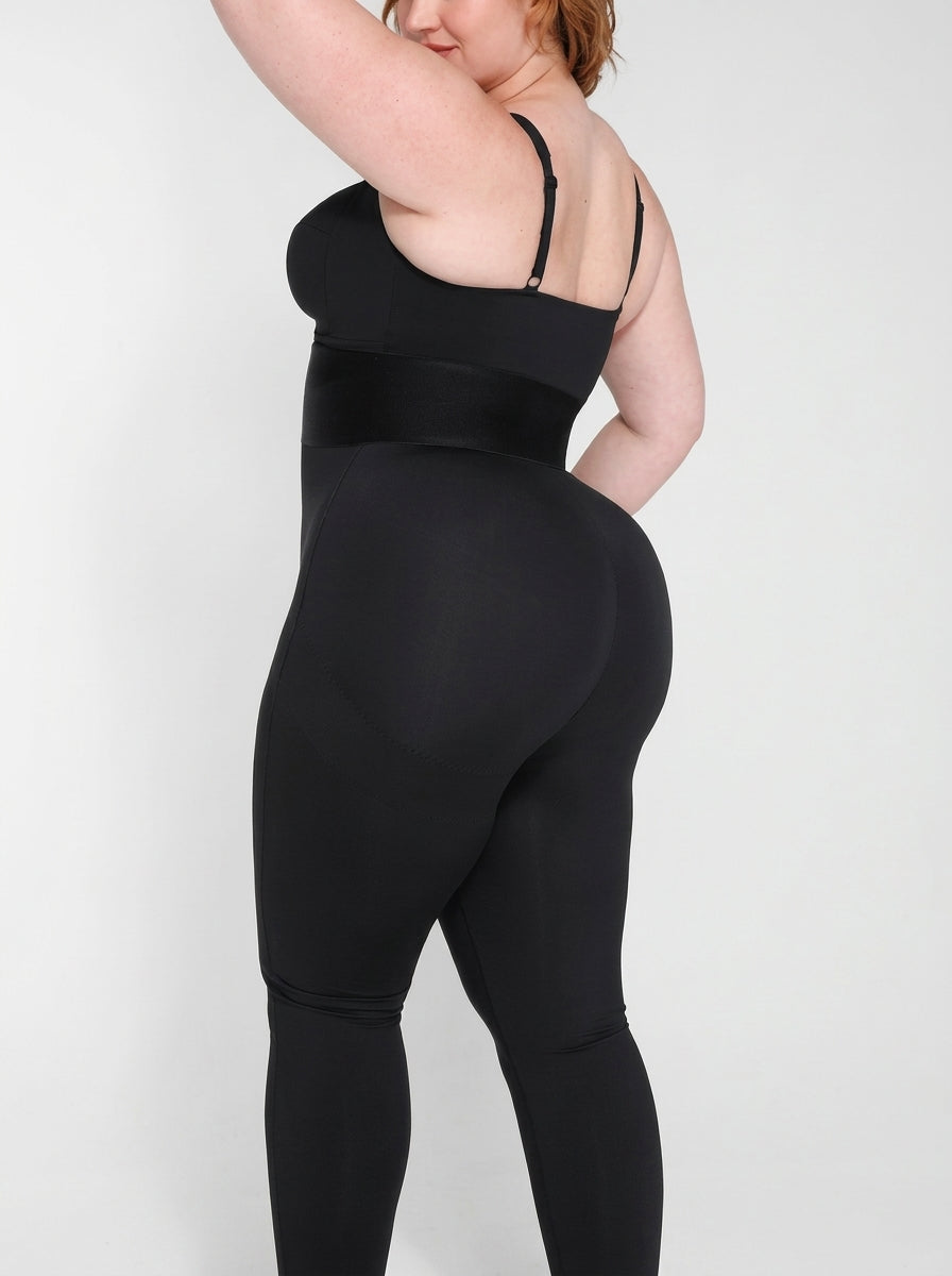 Black structured-waistband shaping jumpsuit, back view — REF6 Black