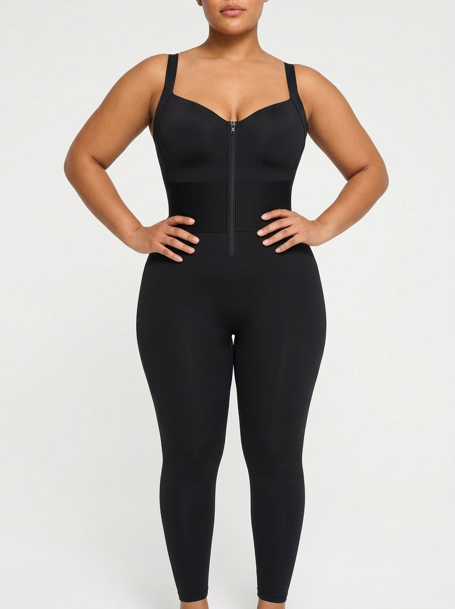 Black structured-waistband shaping jumpsuit, front view — REF6 Black