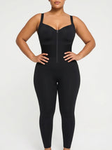 Black structured-waistband shaping jumpsuit, front view — REF6 Black