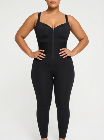Black structured-waistband shaping jumpsuit, front view — REF6 Black