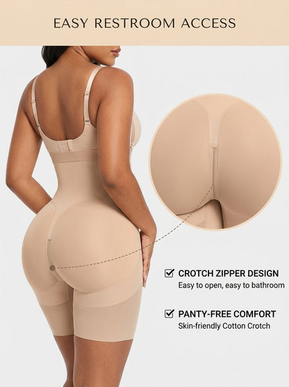 Beige breathable high-waisted tummy smoothing short, back view and restroom access infographic — REF64 Beige