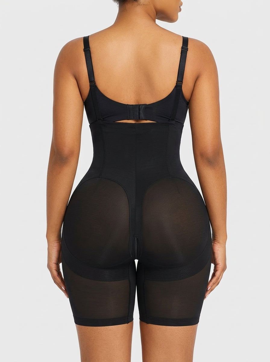 Black breathable high-waisted tummy smoothing short, back view — REF64 Black