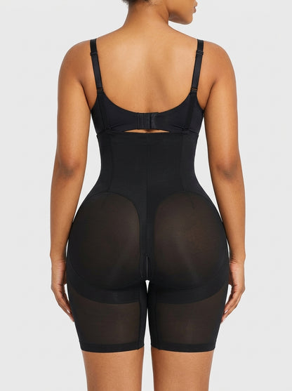 Black breathable high-waisted tummy smoothing short, back view — REF64 Black