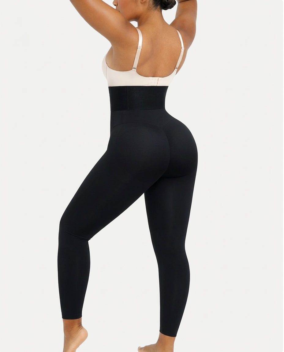 Black structured-waistband shaping leggings, back view — REF7 Black