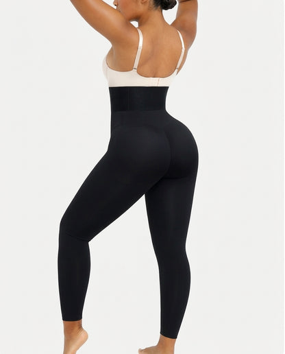 Black structured-waistband shaping leggings, back view — REF7 Black
