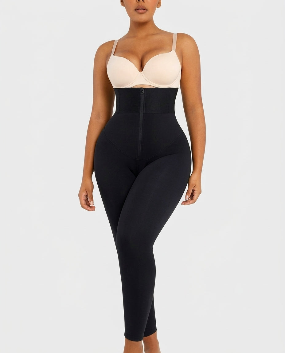Black structured-waistband shaping leggings, front view — REF7 Black