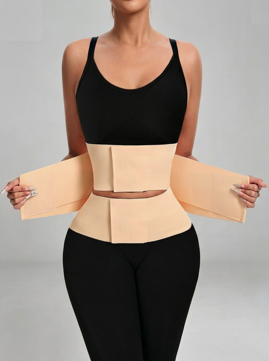 Beige triple compression latex waist trainer with wrap straps open, front view — REF79 Beige