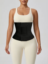 Black triple compression latex waist trainer, front view — REF79 Black