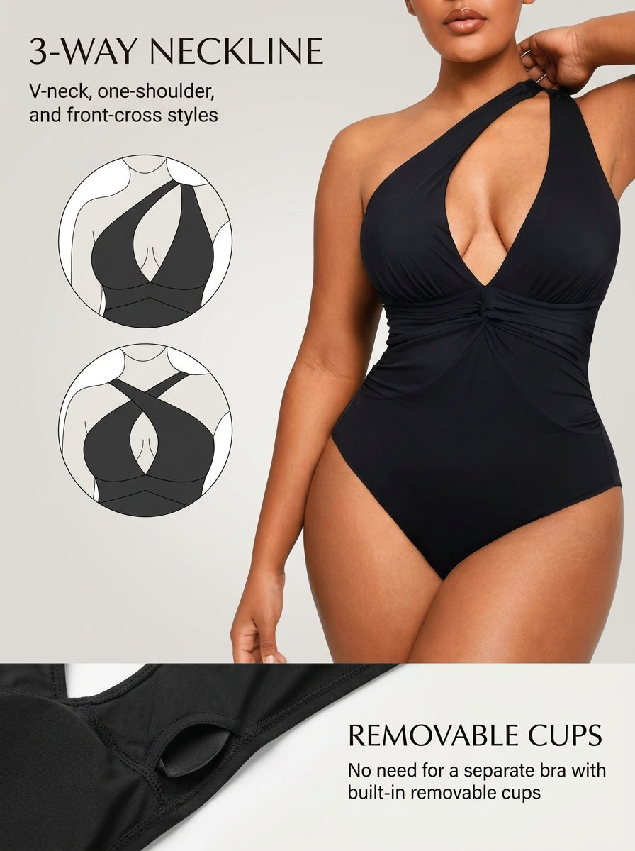 Black ruched twist-front tummy control swimsuit, 3-way neckline and removable cups infographic — REF92 Black