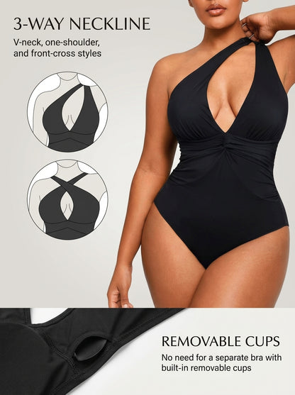 Black ruched twist-front tummy control swimsuit, 3-way neckline and removable cups infographic — REF92 Black