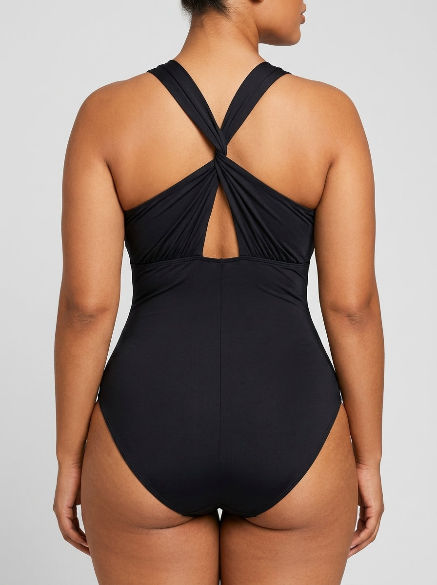 Black ruched twist-front tummy control swimsuit, back view — REF92 Black