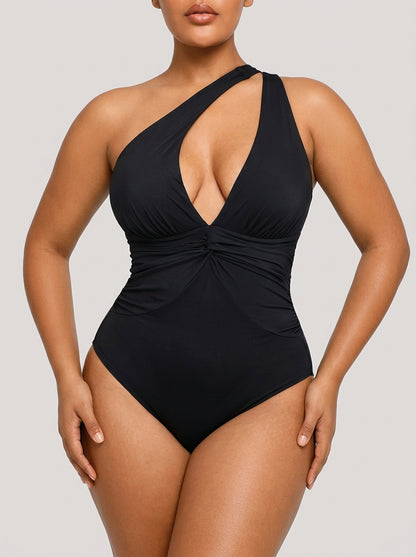 Black ruched twist-front tummy control swimsuit, front view — REF92 Black