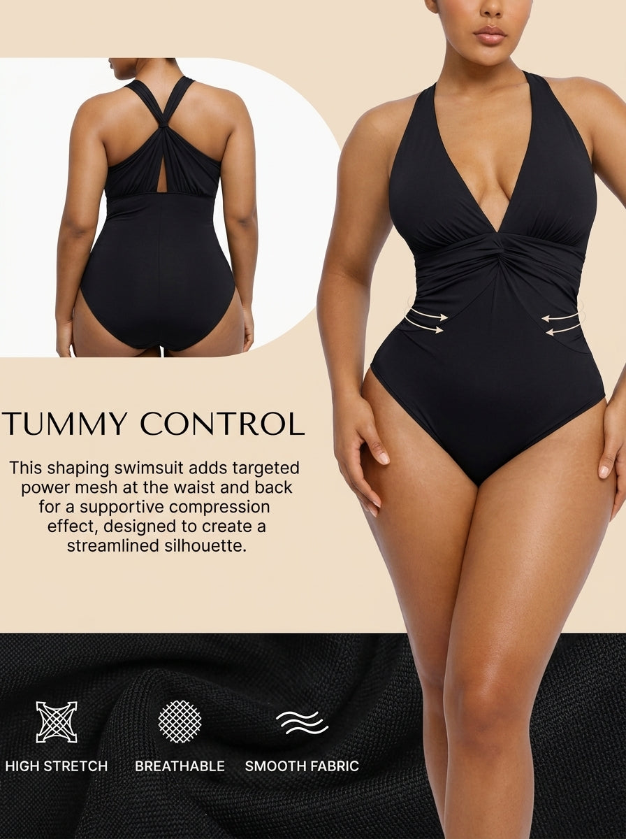 Black ruched twist-front tummy control swimsuit, tummy control infographic — REF92 Black