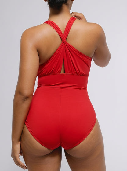 Red ruched twist-front tummy control swimsuit, back view — REF92 Red