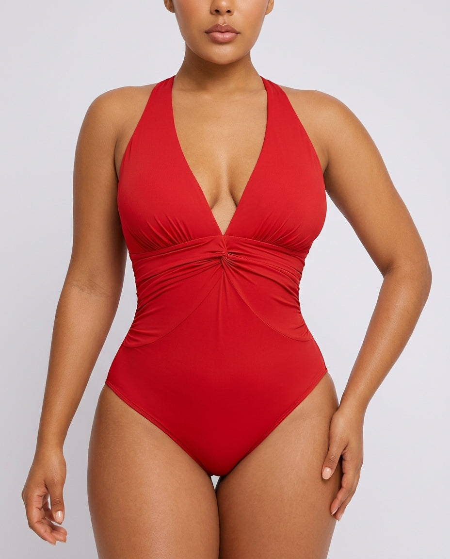 Red ruched twist-front tummy control swimsuit, front view — REF92 Red