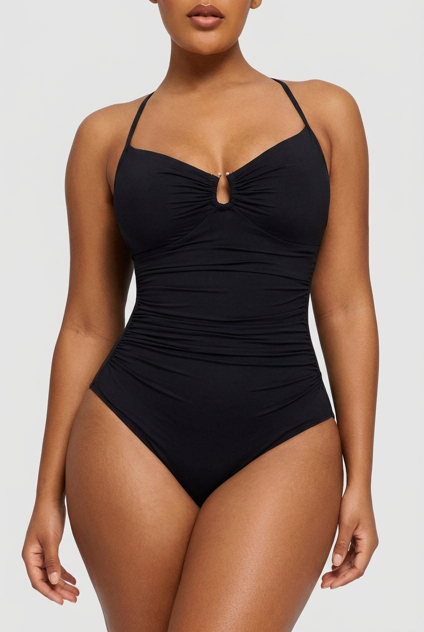 Black U-ring cutout shaping swimsuit, front view — REF96 Black