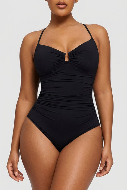 Black U-ring cutout shaping swimsuit, front view — REF96 Black
