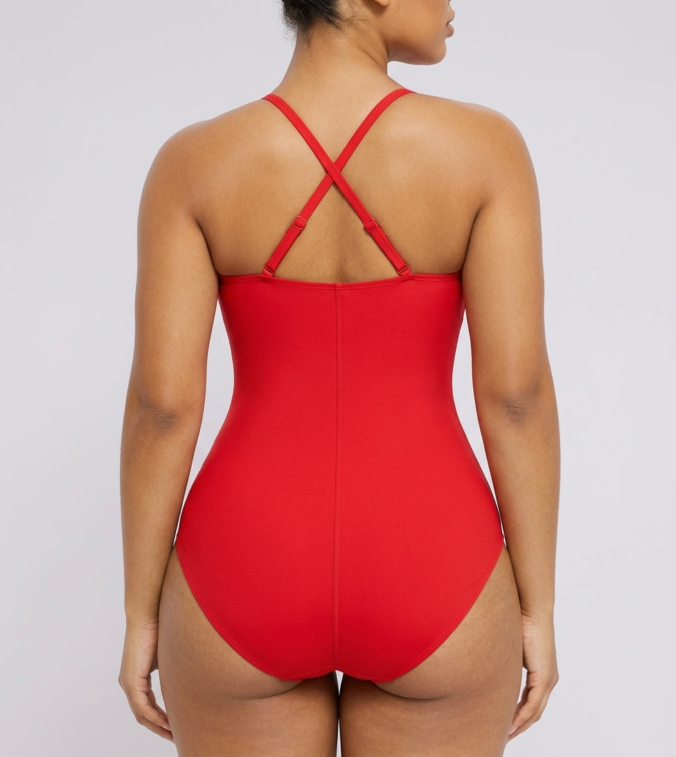 Red U-ring cutout shaping swimsuit, back view — REF96 Red