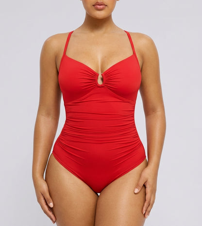 Red U-ring cutout shaping swimsuit, front view — REF96 Red