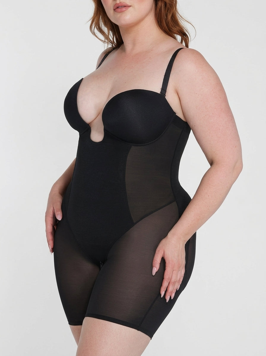 SLYNARA Deep Plunge Bodysuit in Black, front detail view