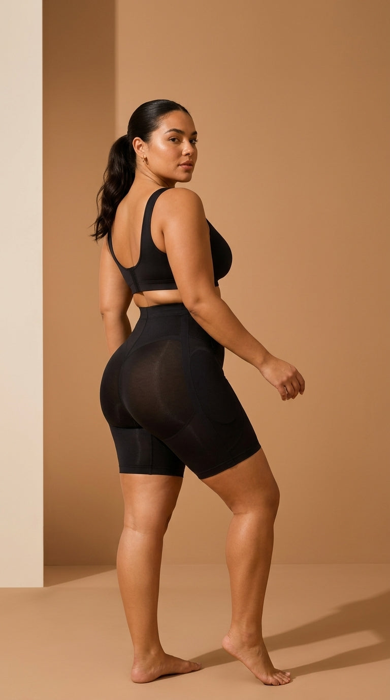 Editorial model wearing black curve-enhancing shaping shorts against a warm caramel studio backdrop — Curves & Lift