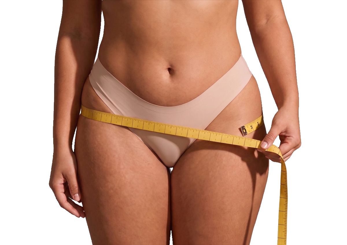 Model demonstrating how to measure around the fullest part of the hips