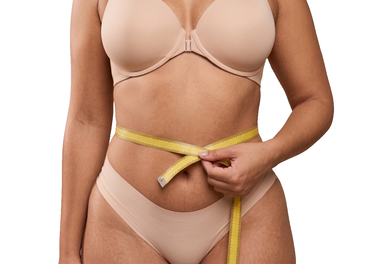 Model demonstrating how to measure around the narrowest part of the waist